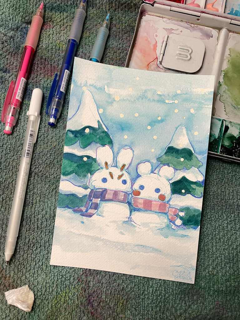 Snow Bunny Friends - Original Watercolor Painting